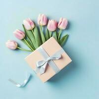 decorativo de tulipanes flores ramo de flores o envuelto regalo caja. para madres día o enamorado con copyspace concepto por ai generado foto