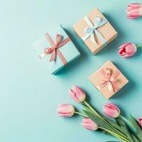 decorativo de tulipanes flores ramo de flores o envuelto regalo caja. para madres día o enamorado con copyspace concepto por ai generado foto