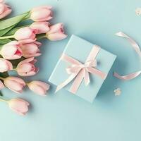 decorativo de tulipanes flores ramo de flores o envuelto regalo caja. para madres día o enamorado con copyspace concepto por ai generado foto