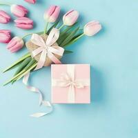 decorativo de tulipanes flores ramo de flores o envuelto regalo caja. para madres día o enamorado con copyspace concepto por ai generado foto