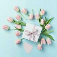 decorativo de tulipanes flores ramo de flores o envuelto regalo caja. para madres día o enamorado con copyspace concepto por ai generado foto
