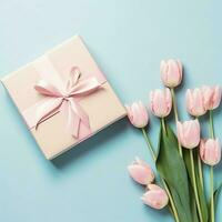 decorativo de tulipanes flores ramo de flores o envuelto regalo caja. para madres día o enamorado con copyspace concepto por ai generado foto