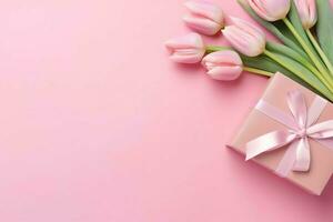 decorativo de tulipanes flores ramo de flores o envuelto regalo caja. para madres día o enamorado con copyspace concepto por ai generado foto