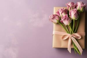 decorativo de tulipanes flores ramo de flores o envuelto regalo caja. para madres día o enamorado con copyspace concepto por ai generado foto