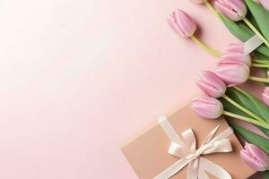 decorativo de tulipanes flores ramo de flores o envuelto regalo caja. para madres día o enamorado con copyspace concepto por ai generado foto