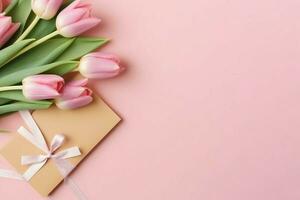 Decorative of tulips flowers bouquet or wrapped gift box. For mothers day or valentine with copyspace concept by AI Generated photo