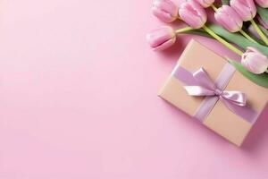 decorativo de tulipanes flores ramo de flores o envuelto regalo caja. para madres día o enamorado con copyspace concepto por ai generado foto