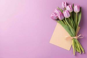 Decorative of tulips flowers bouquet or wrapped gift box. For mothers day or valentine with copyspace concept by AI Generated photo