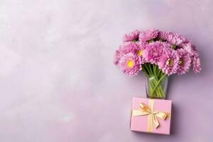 Decorative of tulips flowers bouquet or wrapped gift box. For mothers day or valentine with copyspace concept by AI Generated photo