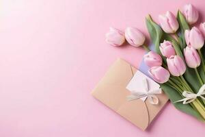 Decorative of tulips flowers bouquet or wrapped gift box. For mothers day or valentine with copyspace concept by AI Generated photo