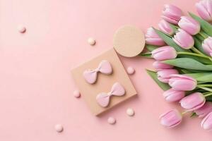 Decorative of tulips flowers bouquet or wrapped gift box. For mothers day or valentine with copyspace concept by AI Generated photo