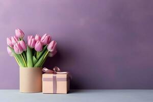 decorativo de tulipanes flores ramo de flores o envuelto regalo caja. para madres día o enamorado con copyspace concepto por ai generado foto