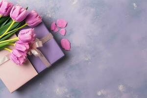 decorativo de tulipanes flores ramo de flores o envuelto regalo caja. para madres día o enamorado con copyspace concepto por ai generado foto