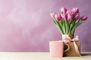 decorativo de tulipanes flores ramo de flores o envuelto regalo caja. para madres día o enamorado con copyspace concepto por ai generado foto