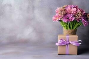 Decorative of tulips flowers bouquet or wrapped gift box. For mothers day or valentine with copyspace concept by AI Generated photo