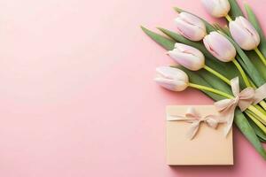 decorativo de tulipanes flores ramo de flores o envuelto regalo caja. para madres día o enamorado con copyspace concepto por ai generado foto