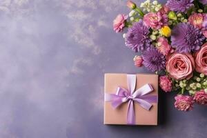 Decorative of tulips flowers bouquet or wrapped gift box. For mothers day or valentine with copyspace concept by AI Generated photo