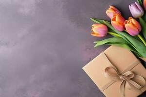 Decorative of tulips flowers bouquet or wrapped gift box. For mothers day or valentine with copyspace concept by AI Generated photo