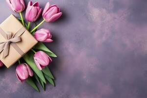 Decorative of tulips flowers bouquet or wrapped gift box. For mothers day or valentine with copyspace concept by AI Generated photo