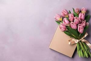 Decorative of tulips flowers bouquet or wrapped gift box. For mothers day or valentine with copyspace concept by AI Generated photo