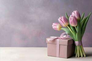 Decorative of tulips flowers bouquet or wrapped gift box. For mothers day or valentine with copyspace concept by AI Generated photo