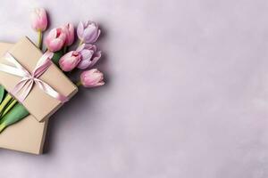 Decorative of tulips flowers bouquet or wrapped gift box. For mothers day or valentine with copyspace concept by AI Generated photo