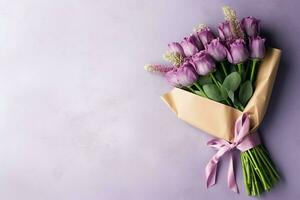 Decorative of tulips flowers bouquet or wrapped gift box. For mothers day or valentine with copyspace concept by AI Generated photo