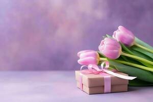 Decorative of tulips flowers bouquet or wrapped gift box. For mothers day or valentine with copyspace concept by AI Generated photo