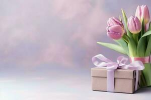 Decorative of tulips flowers bouquet or wrapped gift box. For mothers day or valentine with copyspace concept by AI Generated photo