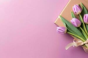 Decorative of tulips flowers bouquet or wrapped gift box. For mothers day or valentine with copyspace concept by AI Generated photo