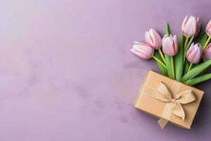 Decorative of tulips flowers bouquet or wrapped gift box. For mothers day or valentine with copyspace concept by AI Generated photo