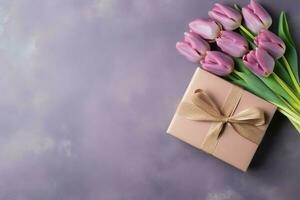 Decorative of tulips flowers bouquet or wrapped gift box. For mothers day or valentine with copyspace concept by AI Generated photo