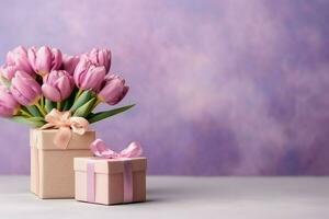 Decorative of tulips flowers bouquet or wrapped gift box. For mothers day or valentine with copyspace concept by AI Generated photo