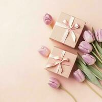 decorativo de tulipanes flores ramo de flores o envuelto regalo caja. para madres día o enamorado con copyspace concepto por ai generado foto