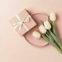 Decorative of tulips flowers bouquet or wrapped gift box. For mothers day or valentine with copyspace concept by AI Generated photo