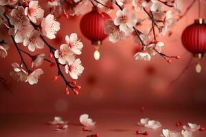 Chinese new year concept paper art style background. Dragon and cherry blossom red background. photo