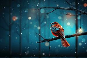 A little bird on tree branch with snow and bokeh background. photo