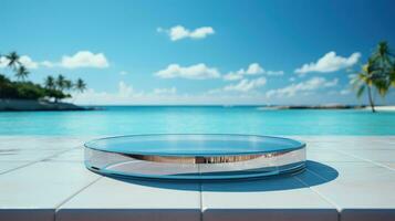 3D render empty luxury podium on blur beach tropical Caribbean  background. photo