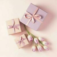 Decorative of tulips flowers bouquet or wrapped gift box. For mothers day or valentine with copyspace concept by AI Generated photo