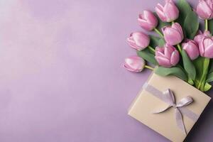 decorativo de tulipanes flores ramo de flores o envuelto regalo caja. para madres día o enamorado con copyspace concepto por ai generado foto