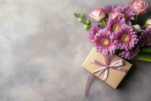 decorativo de tulipanes flores ramo de flores o envuelto regalo caja. para madres día o enamorado con copyspace concepto por ai generado foto