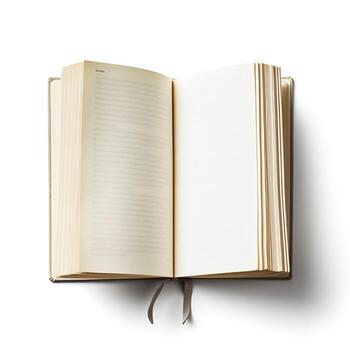 Overhead view of open book with empty blank white pages. Notebook composition for catalog, magazines concept by AI Generated photo