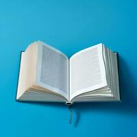 Overhead view of open book with empty blank white pages. Notebook composition for catalog, magazines concept by AI Generated photo