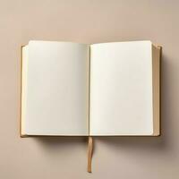 Overhead view of open book with empty blank white pages. Notebook composition for catalog, magazines concept by AI Generated photo