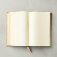 Overhead view of open book with empty blank white pages. Notebook composition for catalog, magazines concept by AI Generated photo