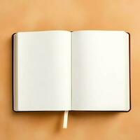 Overhead view of open book with empty blank white pages. Notebook composition for catalog, magazines concept by AI Generated photo