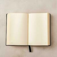 Overhead view of open book with empty blank white pages. Notebook composition for catalog, magazines concept by AI Generated photo