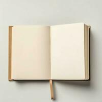 Overhead view of open book with empty blank white pages. Notebook composition for catalog, magazines concept by AI Generated photo