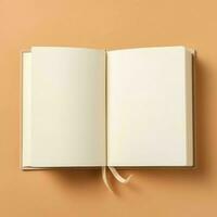 Overhead view of open book with empty blank white pages. Notebook composition for catalog, magazines concept by AI Generated photo