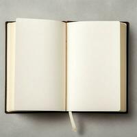 Overhead view of open book with empty blank white pages. Notebook composition for catalog, magazines concept by AI Generated photo